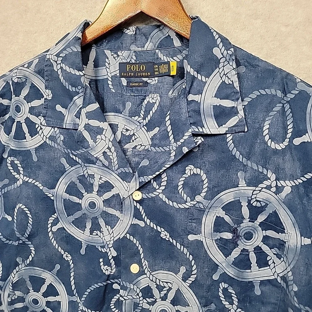 Polo Ralph Lauren Camp Shirt Mens XXL Classic Blue Nautical Ship Wheels Ropes SS